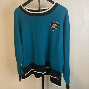 Juicy Couture Heart Logo Varsity Sweater Womens XL Peacock Teal Blue Pullover
